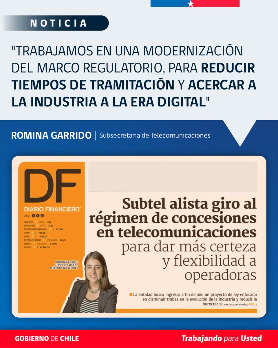 subtel_chile's tweet photo. Subtel destaca en la portada de @DFinanciero 📰 por avances en la modernización regulatoria del sector digital.

La subsecretaria Romina Garrido, señaló que se trabaja en un nuevo marco para reducir tiempos de tramites y fortalecer procesos.

Más en https://t.co/dImN7DWCQ2 🔗 https://t.co/qlGzYXPyyB