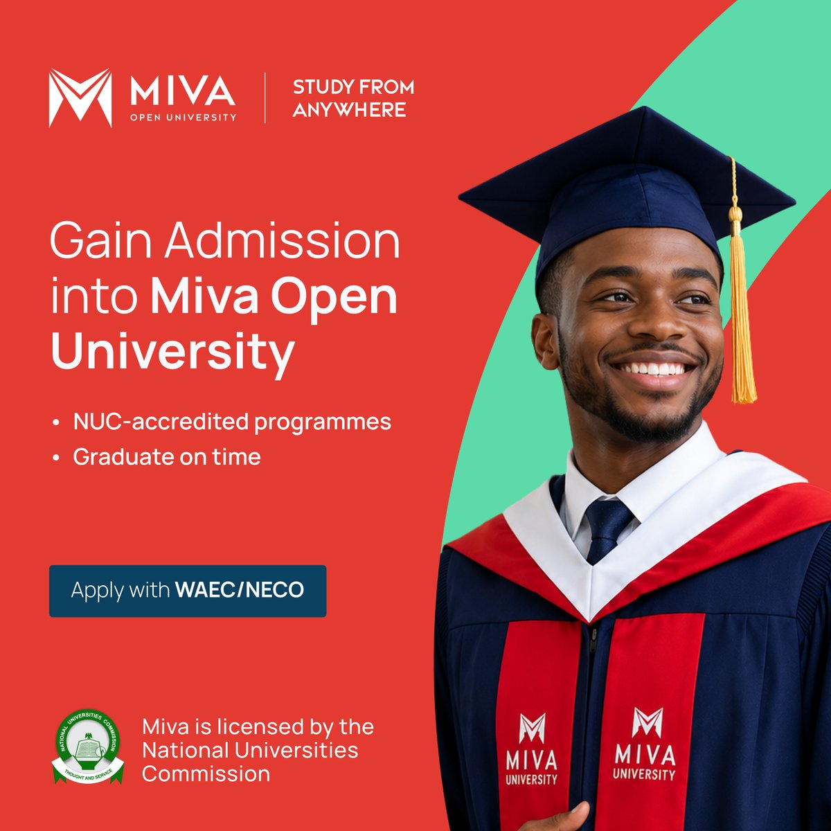 mivauniversity's tweet photo. Earn a degree from Miva Open University. Learn from anywhere and graduate on time.

Apply now and start your journey.