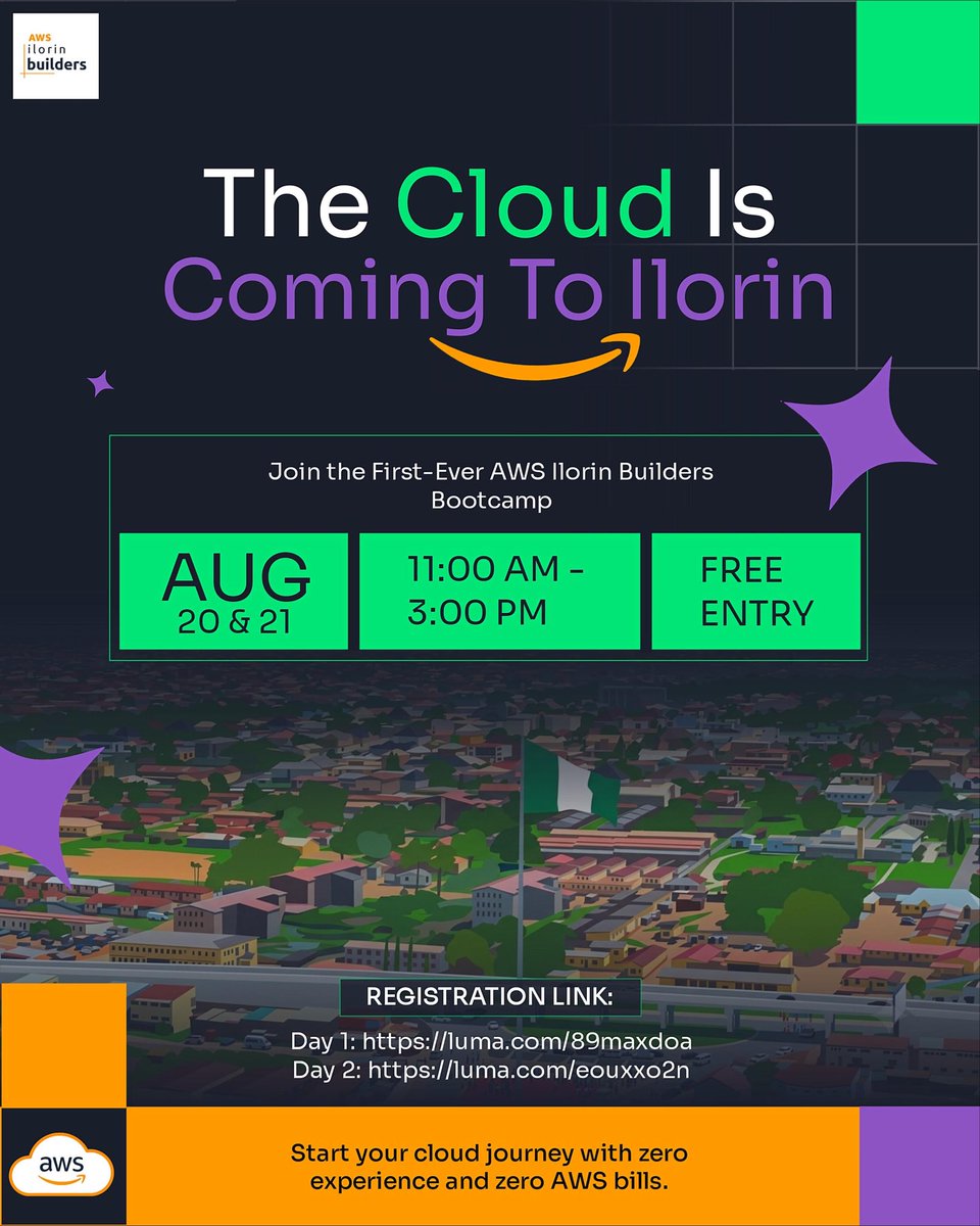 Yusadolat's tweet photo. Big news, Ilorin!

We are thrilled to announce the FIRST-EVER AWS Ilorin Builders event.  If you have been curious about cloud computing and AI but didn't know where to start, this is for you. 

Over two action-packed days (Thursday & Friday), this *workshop* will transition you from a cloud beginner to deploying a live full-stack app and a functional Generative AI chatbot 

Seats are strictly limited to ensure a great hands-on experience, so grab yours today!

*Registration Links*:

Day 1 (Aug 20): https://t.co/PWCeNeS74w
Day 2 (Aug 21): https://t.co/MqTB4AnYfw