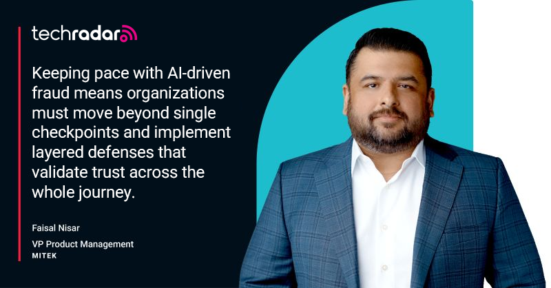 miteksystems's tweet photo. AI has changed the fraud landscape and traditional security checks can no longer keep up. 

In @techradar Pro, Mitek's Faisal Nisar explores why organizations need layered, continuous trust across the customer journey to stay ahead of AI-driven fraud: https://t.co/gL9vbiO9VR https://t.co/l4bm1rNVeW