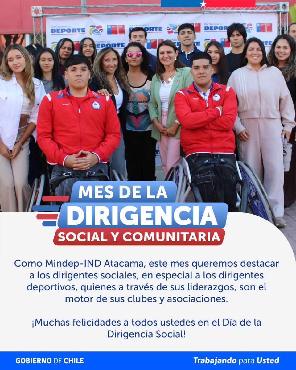 MindepAtacama's tweet photo. Como Mindep-IND Atacama, este mes queremos destacar a los dirigentes sociales, en especial a los dirigentes deportivos, quienes a través de sus liderazgos, son el motor de sus clubes y asociaciones. https://t.co/4iPVPyczld
