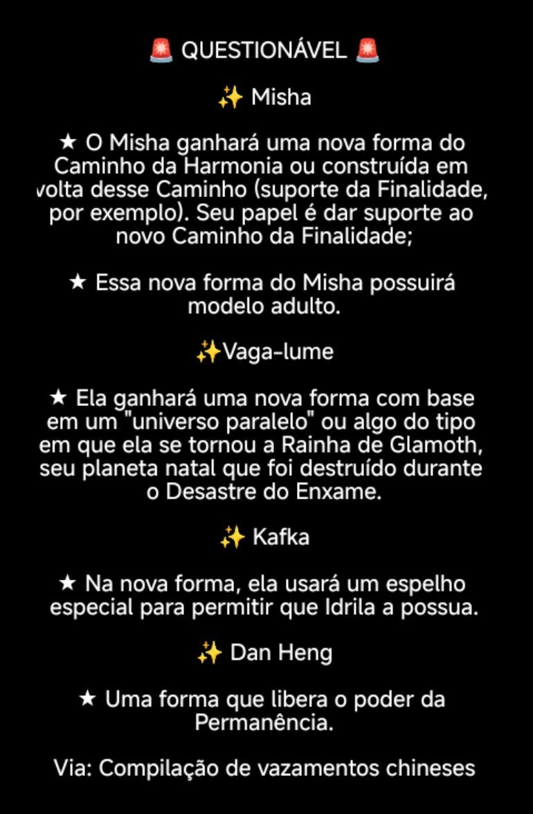 StarRailNewsBR3's tweet photo. 🚨 QUESTIONÁVEL 🚨

💫 Sobre novas formas de bonecos no ciclo das Versões 5.X!

Via: Compilações de vazamentos chineses
#HonkaiStarRail https://t.co/bE6sm0xE2r