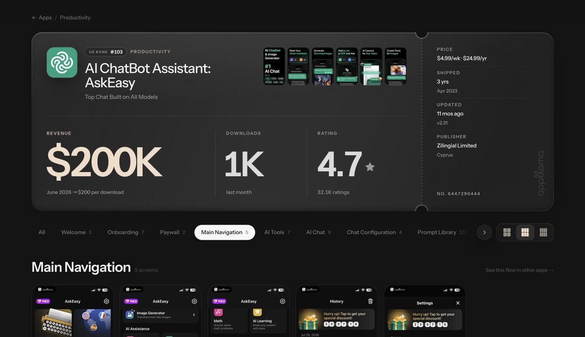 jaimintf's tweet photo. save this before you lose it, they don't teach you this.

everyone looks at revenue, but most miss "RPD"

> this app is doing $200k in revenue...

but the insane part?
> it's printing $200 PER DOWNLOAD

EVERY MONTH.

literally the easiest metric to print & scale with tiktok marketing
