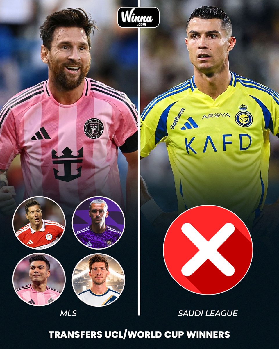 WinnaFC's tweet photo. 🚨| BREAKING: Champions League and World Cup winners are picking Messi's league instead of Saudi's blank cheques.😳

Messi's influence is INSANE.🐐 https://t.co/07GAMryEOk
