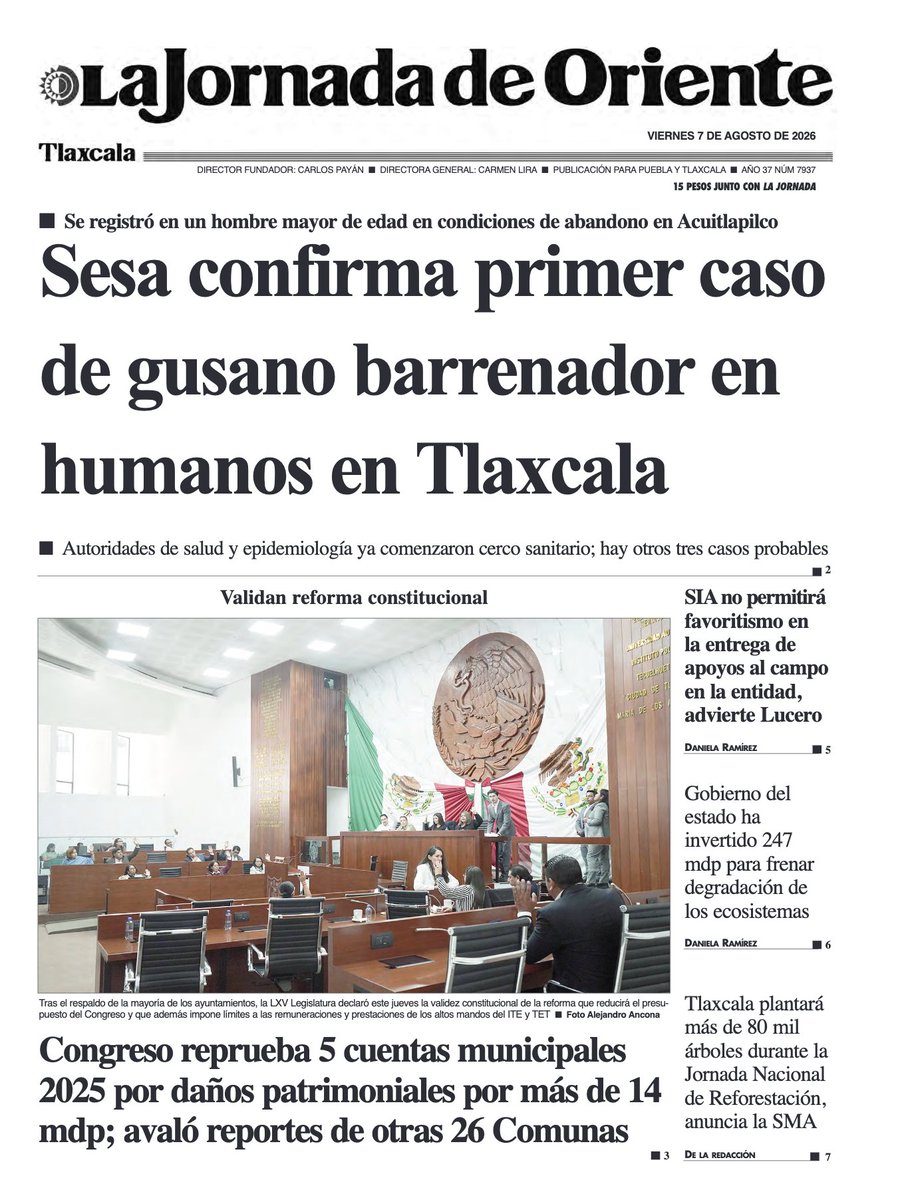JOrienteTlax's tweet photo. 📰🗞️ #EnPortada| Sesa confirma primera caso de gusano barrenador en humanos en Tlaxcala

https://t.co/pG9hlQGLhq https://t.co/3A5Tay88UP