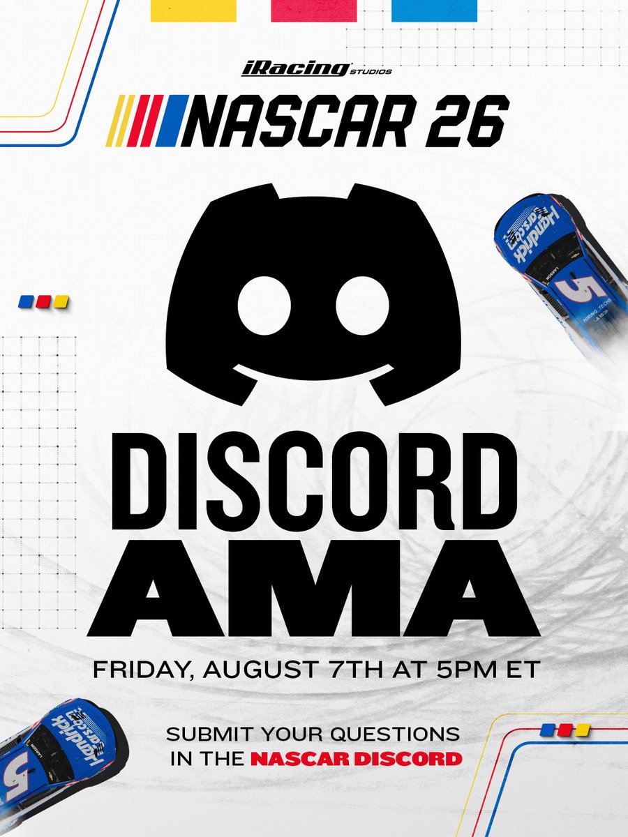 NASCAR26TheGame's tweet photo. Join us today at 5p ET for our NASCAR 26 AMA over on the NASCAR Discord server!

Executive Producer Matt Lewis will be sitting down with Jeff Favignano to answer the community's questions! https://t.co/VbThm4KmSO