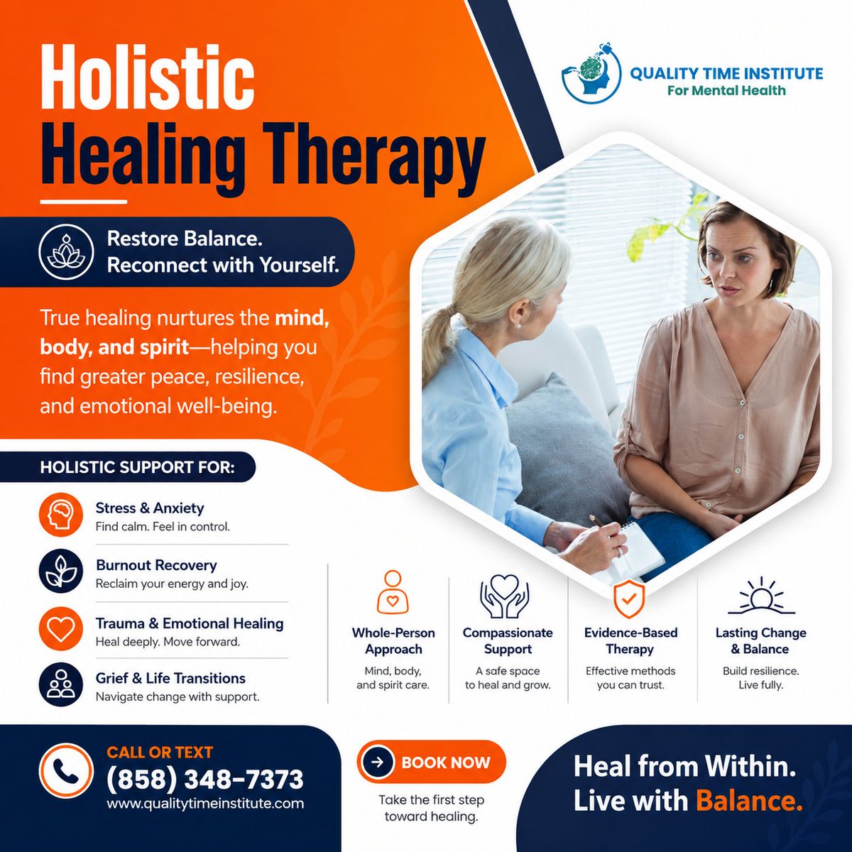 QTIMH's tweet photo. Tired of Just Surviving? Let's Help You Truly Heal. 🧡

Holistic Healing Therapy FOR:

Stress &amp; Anxiety, Burnout Recovery, Trauma &amp; Emotional Healing &amp; Grief &amp; Life Transitions.

CALL: (858) 348-7373 | BOOK NOW
https://t.co/P7YqCAHjS1

#HolisticHealingTherapySanDiego https://t.co/faoyS95RKP