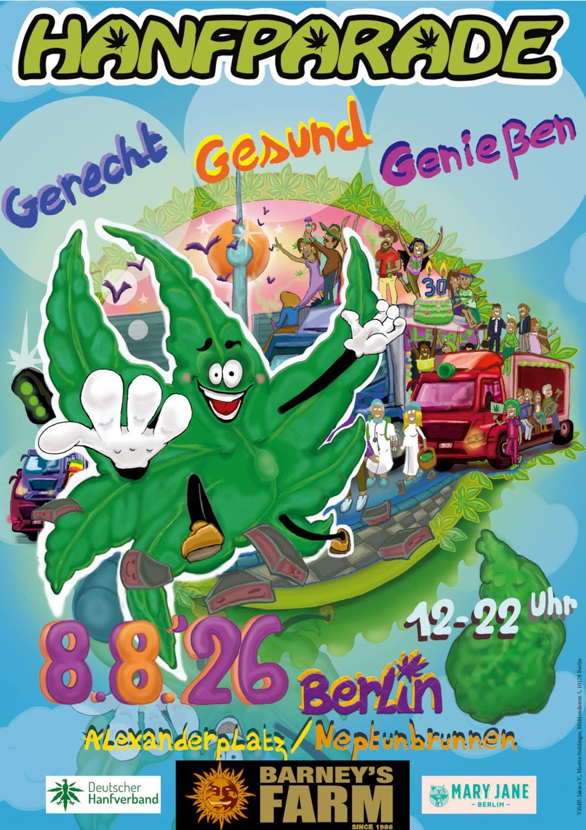 hanfverband's tweet photo. HANFPARADE
MORGEN IN BERLIN
PROGRAMM, ROUTE, REDNER etc
auf 
https://t.co/KA5CRNB2aI 

Tanzt mit unserem Wagen und kommt gern mal am DHV-Infostand vorbei! https://t.co/vJ5tcikA8g