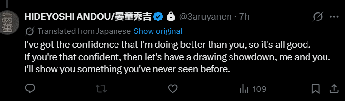 wisdomccat's tweet photo. getting so pissy over criticism that you start challenging people to "drawing showdowns" and lurking under fanartists posts is embarrassing. being involved with gachiakuta doesnt make you immune to criticism. grow up you fucking loser. https://t.co/1NJpZRbtMT