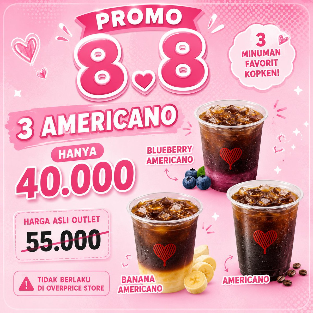 caacamarica's tweet photo. *PROMO 8.8 SYARAT &amp; KETENTUAN*
• Promo hanya berlaku 08.08
• Wajib kirim screenshot promo ini saat chat
• Tidak mengirim screenshot = harga dihitung satuan
•  Tidak berlaku di outlet dengan biaya tambahan (Mall, Bandara, Rest Area, &amp; Outlet Elite). https://t.co/Sy8oNbwhi1