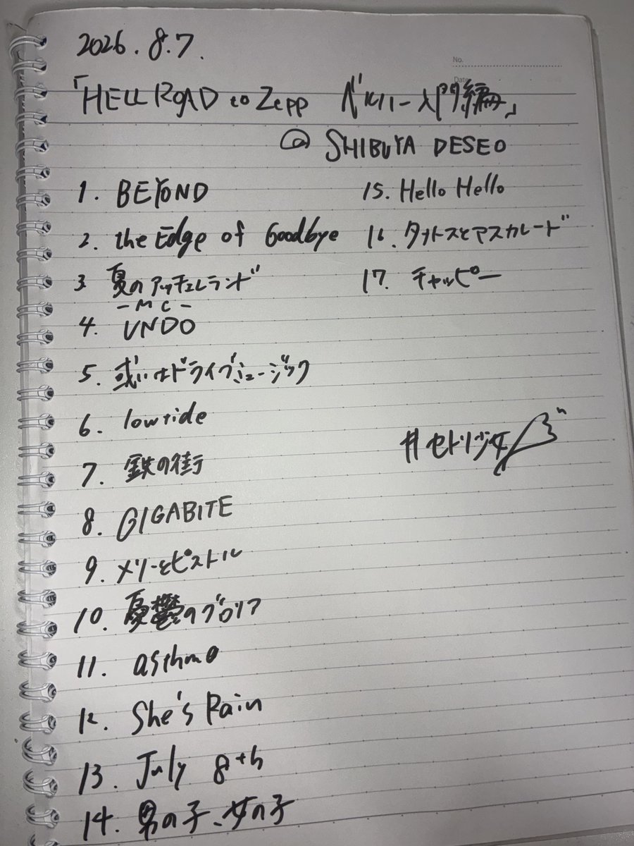 sakura_BRGH's tweet photo. #セトリ少女 
2026.8.7u(金)
『HELL ROAD to Zepp ベルハー入門編』
@ SHIBUYA DESEO
70分17曲たのしかった！おやすみなさい https://t.co/SezcnM0S1x