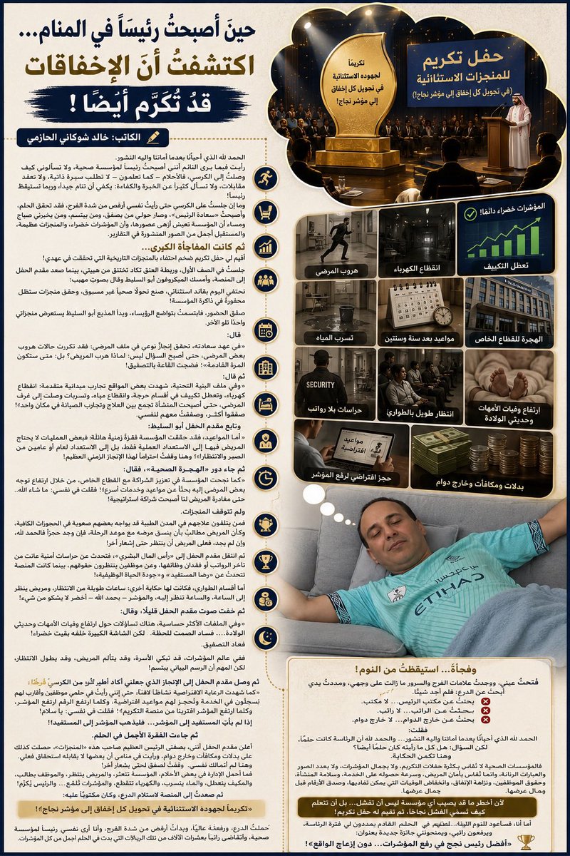 AbuRasheed269's tweet photo. #حين_أصبحتُ_رئيسًا_في_المنام… اكتشفتُ أن الإخفاقات قد تُكرَّم أيضًا!

الكاتب: #خالد_شوكاني_الحازمي

الحمد لله الذي أحيانا بعدما أماتنا وإليه النشور.

رأيتُ فيما يرى النائم أنني أصبحتُ رئيسًا لمؤسسة صحية، ولا تسألوني كيف وصلتُ إلى الكرسي، فالأحلام – كما تعلمون – لا تطلب سيرةً ذاتية، ولا تعقد مقابلات، ولا تسأل كثيرًا عن الخبرة والكفاءة؛ يكفي أن تنام جيدًا، وربما تستيقظ رئيسًا!

وما إن جلستُ على الكرسي حتى رأيتُ نفسي أرقص من شدة الفرح، فقد تحقق الحلم، وأصبحتُ «سعادة الرئيس»، وصار حولي من يصفق، ومن يبتسم، ومن يخبرني صباح مساء أن المؤسسة تعيش أزهى عصورها، وأن المؤشرات خضراء، والمنجزات عظيمة، والمستقبل أجمل من الصور المنشورة في التقارير.

ثم كانت المفاجأة الكبرى…

أُقيم لي حفل تكريم ضخم احتفاءً بالمنجزات التاريخية التي تحققت في عهدي!

جلستُ في الصف الأول، وربطة العنق تكاد تختنق من هيبتي، بينما صعد مقدم الحفل إلى المنصة، وأمسك الميكروفون أبو السليط وقال بصوتٍ مهيب :نحتفي اليوم بقائدٍ استثنائي، صنع تحولًا صحيًا غير مسبوق، وحقق منجزات ستظل محفورةً في ذاكرة المؤسسة! صفق الحضور، فابتسمتُ بتواضع الرؤساء، وبدأ المذيع أبو السليط يستعرض منجزاتي واحدًا تلو الآخر.

قال:

في عهد سعادته، تحقق إنجازٌ نوعي في ملف المرضى؛ فقد تكررت حالات هروب بعض المرضى، حتى أصبح السؤال ليس: لماذا هرب المريض؟ بل: متى ستكون المرة القادمة؟».

فضجت القاعة بالتصفيق!

ثم قال:

«وفي ملف البنية التحتية، شهدت بعض المواقع تجارب ميدانية متقدمة؛ انقطاع كهرباء، وتعطل تكييف في أقسام حرجة، وانقطاع مياه، وتسربات وصلت إلى غرف المرضى، حتى أصبحت المنشأة تجمع بين العلاج وتجارب الصيانة في مكان واحد!».

فصفقوا أكثر، وصفقتُ معهم لنفسي.

وتابع مقدم الحفل أبو السليط 

«أما المواعيد، فقد حققت المؤسسة قفزةً زمنيةً هائلة؛ فبعض العمليات لا يحتاج المريض فيها إلى الاستعداد للعملية فقط، بل إلى الاستعداد لعامٍ أو عامين من الصبر والانتظار!».

وهنا وقفتُ احترامًا لهذا الإنجاز الزمني العظيم!

ثم جاء دور «الهجرة الصحية»، فقال:

«كما نجحت المؤسسة في تعزيز الشراكة مع القطاع الخاص، من خلال ارتفاع توجه بعض المرضى إليه بحثًا عن مواعيد وخدمات أسرع!».

فقلت في نفسي: ما شاء الله… حتى مغادرة المريض لنا أصبحت شراكة استراتيجية!

ولم تتوقف المنجزات.

فمن يتلقون علاجهم في المدن الطبية قد يواجه بعضهم صعوبة في الحجوزات الكافية، وكأن المريض مطالبٌ بأن ينسق مرضه مع موعد الرحلة، فإن وجد حجزًا فالحمد لله، وإن لم يجد، فعلى المرض أن ينتظر حتى إشعار آخر!

ثم انتقل مقدم الحفل إلى «رأس المال البشري»، فتحدث عن حراسات أمنية عانت من تأخر الرواتب أو فقدان وظائفها، وعن موظفين ينتظرون حقوقهم، بينما كانت المنصة تتحدث عن «رضا المستفيد» و«جودة الحياة الوظيفية»!

أما أقسام الطوارئ، فكانت لها حكاية أخرى؛ ساعات طويلة من الانتظار، ومريض ينظر إلى الساعة، والساعة تنظر إليه، والمؤشر – بحمد الله – أخضر لا يشكو من شيء!

ثم خفت صوت مقدم الحفل قليلًا، وقال:

«وفي الملفات الأكثر حساسية، هناك تساؤلات حول ارتفاع وفيات الأمهات وحديثي الولادة…».

فساد الصمت للحظة.

لكن الشاشة الكبيرة خلفه بقيت خضراء!

فعاد التصفيق.

ففي عالم المؤشرات، قد تبكي الأسرة، وقد يتألم المريض، وقد يطول الانتظار، لكن المهم أن الرسم البياني يبتسم!

ثم وصل مقدم الحفل إلى الإنجاز الذي جعلني أكاد أطير من الكرسي فرحًا، فقال:

«كما شهدت الرعاية الافتراضية نشاطًا لافتًا، حتى إنني رأيتُ في حلمي موظفين وأقارب لهم يُسجَّلون في الخدمة وتُحجز لهم مواعيد افتراضية، وكلما ارتفع الرقم ارتفع المؤشر، وكلما ارتفع المؤشر اقتربنا من منصة التكريم!».

فقلت في نفسي:

يا سلام!

إذا لم يأتِ المستفيد إلى المؤشر… فليذهب المؤشر إلى المستفيد!

ثم جاءت الفقرة الأجمل في الحلم.

أعلن مقدم الحفل أنني، بصفتي الرئيس العظيم صاحب هذه «المنجزات»، حصلت كذلك على بدلات ومكافآت وخارج دوام، ورأيت في منامي أن بعضها لا يقابله استحقاق فعلي.

وهنا لم أتمالك نفسي.

وقفتُ أصفق لنفسي بحرارة!

فما أجمل الإدارة في بعض الأحلام؛ المؤسسة تتعثر، والمريض ينتظر، والموظف يطالب، والمكيف يتعطل، والماء يتسرب، والكهرباء تنقطع، والمؤشرات تُلمَّع…

والرئيس يُكرَّم!

ثم صعدتُ إلى المنصة لاستلام الدرع، وكان مكتوبًا عليه:

«تكريمًا لجهوده الاستثنائية في تحويل كل إخفاق إلى مؤشر نجاح!»

حملتُ الدرع، ورفعتُه عاليًا، وبدأتُ أرقص من شدة الفرح، وأنا أرى نفسي رئيسًا لمؤسسة صحية، وأتقاضى راتبًا بعشرات الآلاف من تلك الريالات التي بدت في الحلم أجمل من كل المؤشرات.

#تكملة_الحلم 👇
#وأحلام_سعيدة