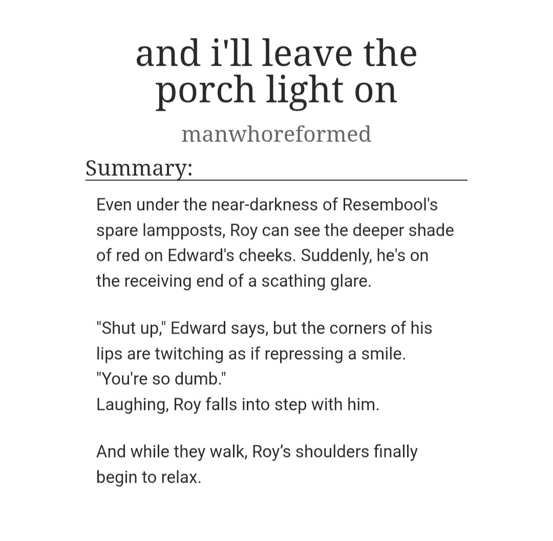 manwhoreformed's tweet photo. #royed | rated E | Resembool!Roy AU
and i'll leave the porch light on
read on ao3: https://t.co/XLo3GSNjjf https://t.co/dTtstNGPBc