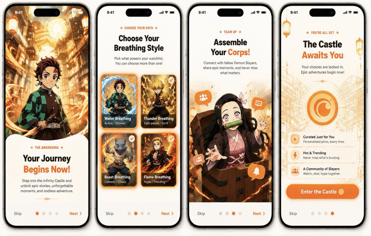 BenjaminPhil51's tweet photo. Visual experiment: 

I asked ChatGpt to create a Mobile app onboarding flow using my favourite anime "Demon Slayer".

Here's the output.
I'd give it a solid 6/10 for style.

I just might turn this into a live prototype interaction.

Stay tuned✌️ https://t.co/SBWccwvbpt