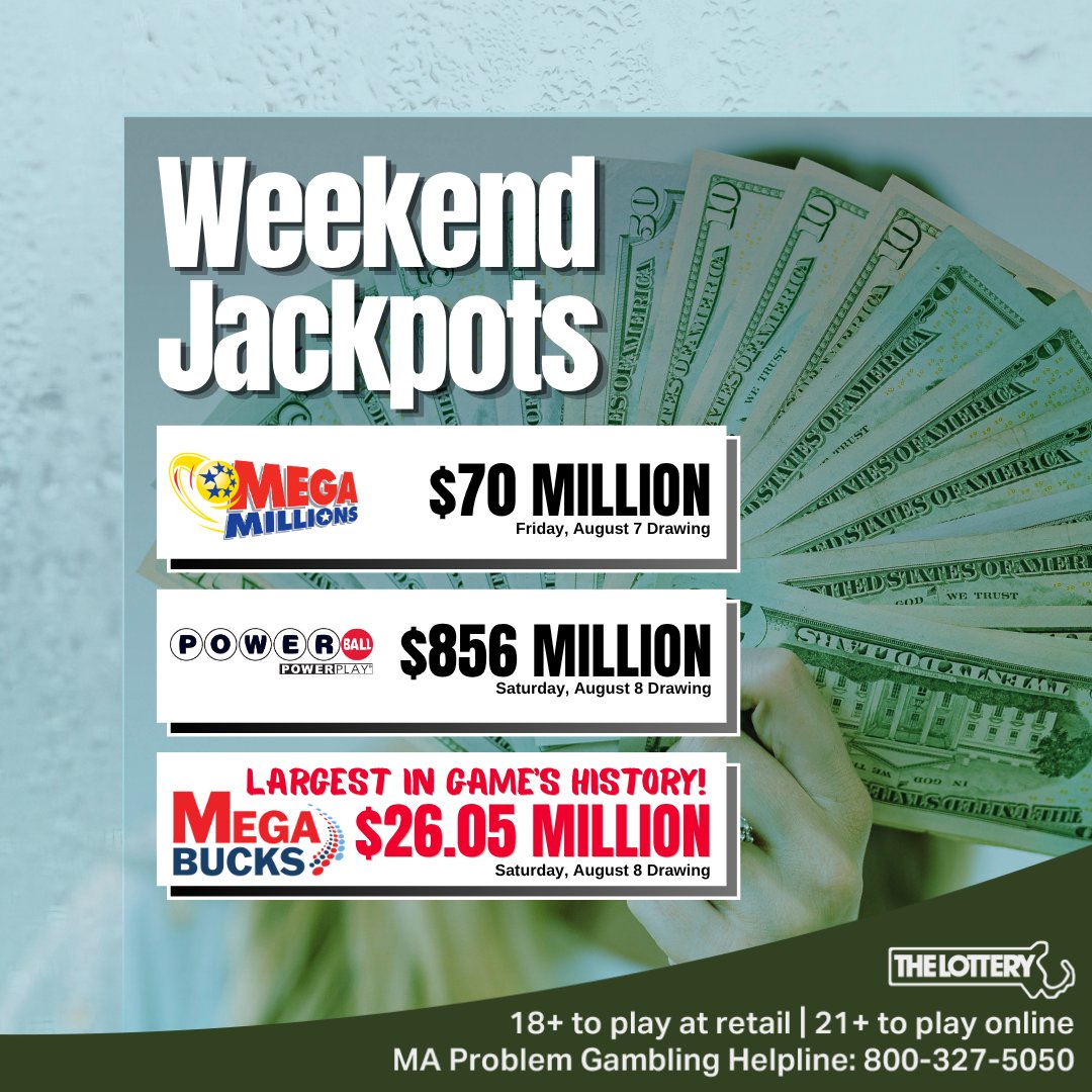 MAStateLottery's tweet photo. You know what could help with this humidity? A fan full of money 😉💸

The #Powerball jackpot is up to a scorching $856 MILLION for Saturday’s drawing. Good luck and remember to play responsibly… in store and online!

#MegaMillions
#Megabucks
#MassLottery
#Jackpots https://t.co/Sf8u6bvPqN