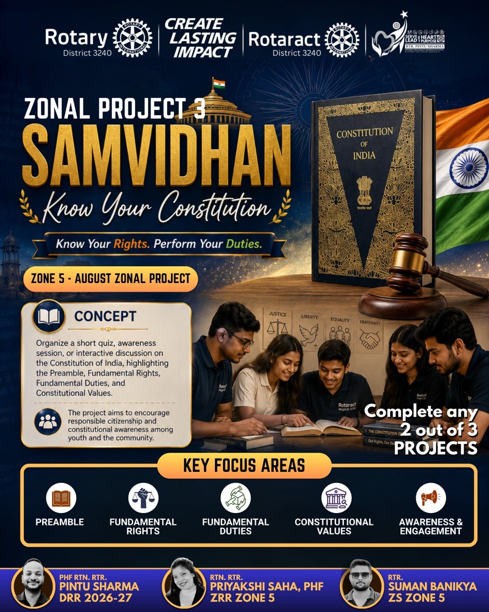 Pintusharma000's tweet photo. 📖 Zonal Project 3: SAMVIDHAN | Know Your Constitution

Be a part of SAMVIDHAN by organizing a Constitution awareness quiz or discussion during your club meeting. Together, let's strengthen constitutional awareness and responsible citizenship.

📅 1–31 August 2026 https://t.co/onuvYLt2BD