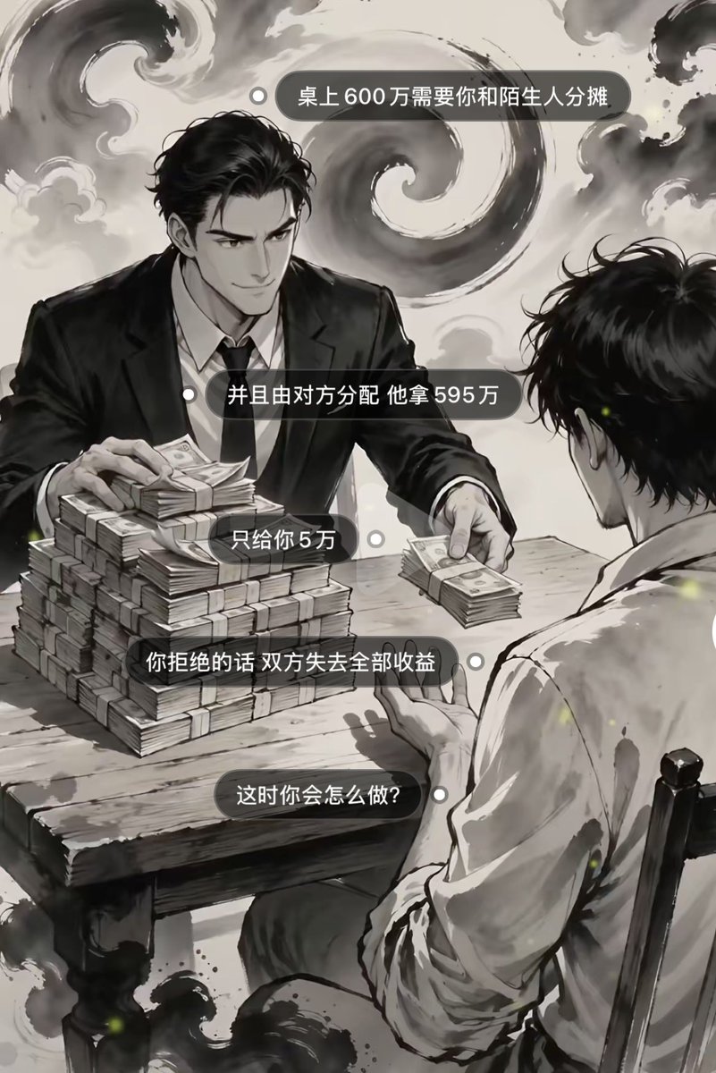 dawda5152's tweet photo. 桌上堆着600万现金，规则很简单：由对方分配，他拿595万，你拿5万，只要你拒绝，两个人一分钱都拿不到，换你，接不接？

可能有人想：纯收益的话，可以拿5万更合适，但是让他亲眼看到自己的500多万打水漂，比这5万来的更爽

但我把话放在这：但凡选“宁为玉碎”、一分都不要的人，在币圈基本都是长期亏钱的

这看似是一道考验公平与人性的题，可你的选择，早就暴��了你在交易里能不能赚到钱
因为交易的本质，就是反人性的。它拼的不是脾气、不是骨气，是你对贪欲的克制、对情绪的掌控，是你的心态够不够稳、够不够理性

就说最基础的持仓心态：
很多人开一单，晚上翻来覆去睡不着，白天上班三五分钟就要掏手机瞄一眼行情
哪怕这单方向对了、正在赚钱，你也拿不住，稍微回踩一点就心慌，刚有浮盈就想落袋，注定吃不到大波段，更别说赚大钱

回到这道题本身：
5万看似少，但它是“本可以一分没有”的确定收益
太多人在币圈亏，就亏在永远盯着别人赚了多少、自己“少拿”了多少，被不甘心、嫉妒和赌性牵着走，彻底忘了交易的初衷：赚到自己认知范围内的钱，有赚，就永远比亏强

为了一口气毁掉确定收益，和为了赌一口气扛单、逆势抄底、追高梭哈，本质上是同一种人
币圈从不缺有脾气的赌徒，缺的是能摁住情绪、认清楚现实的交易者