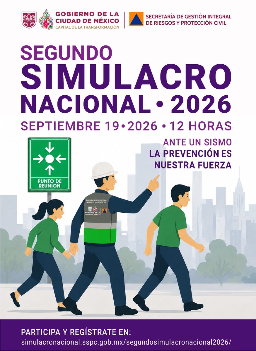SGIRPC_CDMX's tweet photo. 🚨📢 ¡Participa en el Segundo Simulacro Nacional 2026! 

El próximo sábado 19 de septiembre, en punto de las 12:00 horas, se activará la #AlertaSísmica en la Ciudad de México.

Recuerda registrar tu inmueble en ⬇️⬇️⬇️:
https://t.co/1WmJT6AP0F 

Con este ejercicio reforzamos nuestros protocolos de protección civil ⛑️🦺 y fortalecemos la cultura de la prevención.

En #LaCapitalDeLaTransformación, #TrabajandoJuntos por una #CiudadPreparada, #LaPrevenciónEsNuestraFuerza