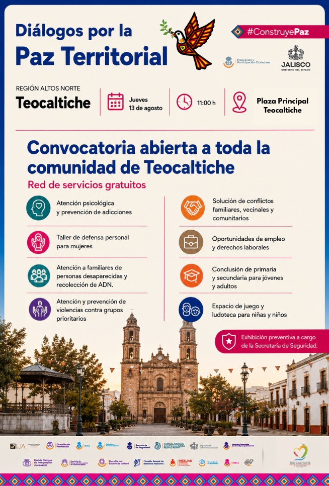 DIFJalisco's tweet photo. 🕊️ Te invitamos a participar en los Diálogos por la Paz Territorial, espacios de encuentro y atención donde podrás acceder a diversos servicios gratuitos para ti y tu familia.

📍 Consulta las sedes y acércate.

#CosntruyePaz #JuntosPorJalisco https://t.co/C3RYtf6MvH