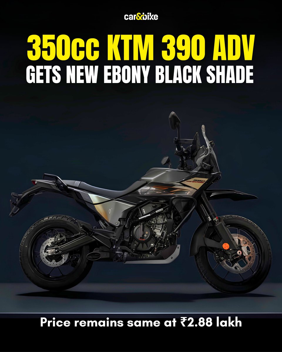 carandbike's tweet photo. KTM has added a new Ebony Black shade for the 350cc 390 Adventure and its price remain the same as the other two colour options, at Rs 2.88 lakh (ex-showroom). The motorcycle remains the same, under the skin. 

Like this new shade on the 390 ADV? https://t.co/9ZNdwrBAIu