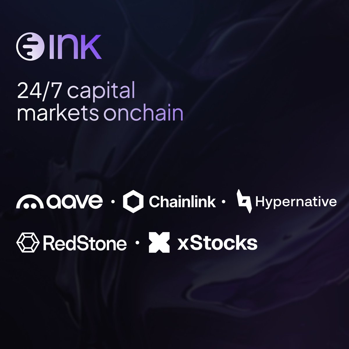 inkonchain's tweet photo. Ink has been building a series of chain and asset-level upgrades across security and compliance to support global, 24/7 capital markets onchain.

Done in collaboration with @HypernativeLabs, @chainlink, @aave, @FortaNetwork, @redstone_defi , @optimism, and other industry leaders.

Designed to deliver a full stack @xstocksfi DeFi experience, and distribute Kraken products & custody.

Details will be revealed in the coming weeks, starting with Tydro v2.

Stay tuned for further updates.