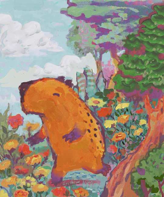 painting of a capybara running through a flowery field
