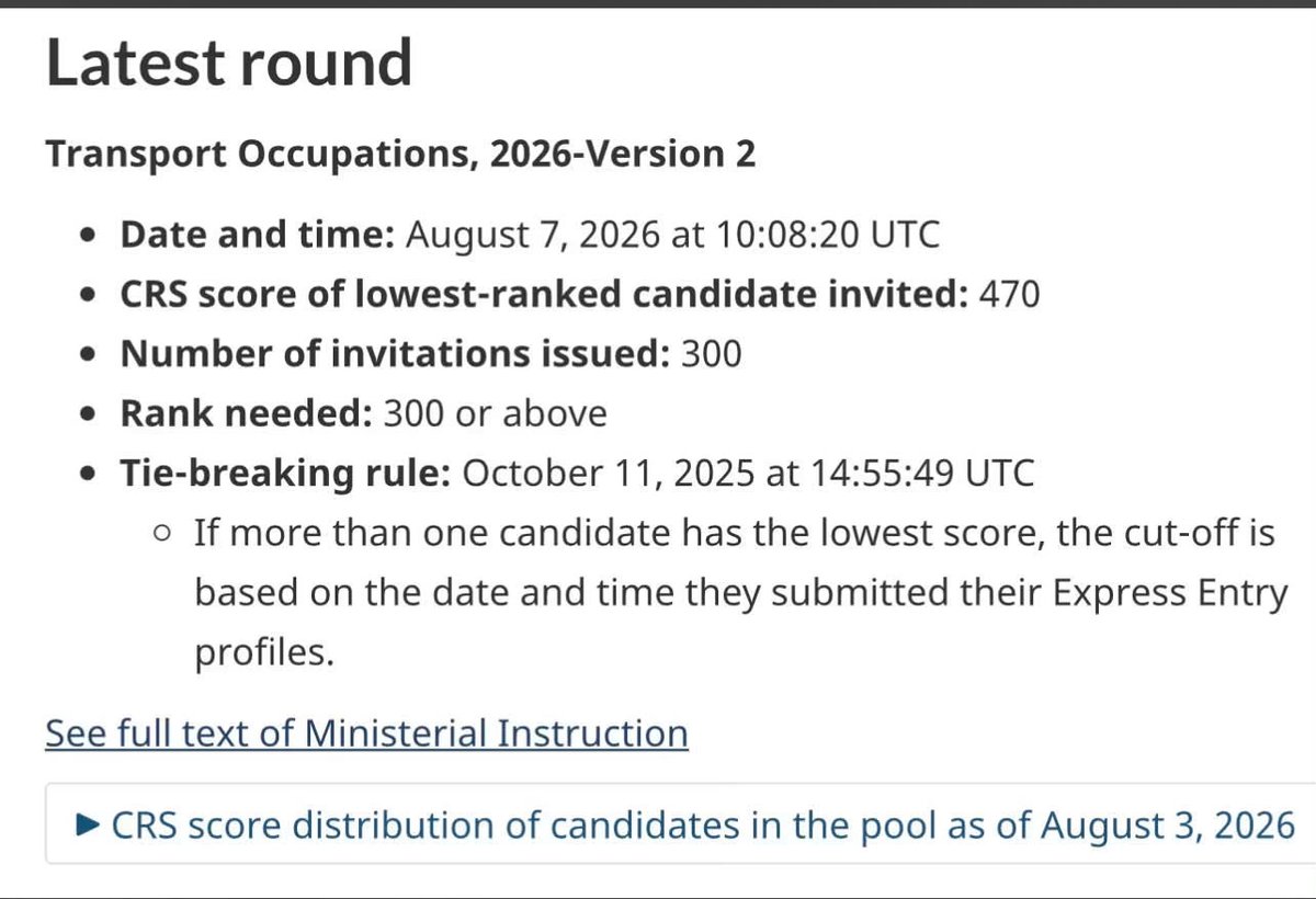 ParunUpneja's tweet photo. 🚨 Express Entry Draw: Transport Occupations (2026-V2)

📅 Aug 7, 2026
📊 CRS cut-off: 470
✉️ 300 ITAs issued

Working in transport? This category draw could be your path to Canadian PR.

Questions? 📧 Info@northpace.ca | 📞 778-878-4511

#ExpressEntry #CanadaImmigration #IRCC https://t.co/EUyKNiBbNB
