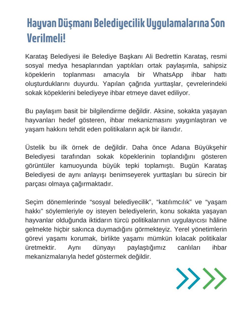 AdanaEkoloji's tweet photo. Karataş Belediyesi’ne ve Belediye Başkanı Ali Bedrettin beye çağrımızdır!

Yaşam karşıtı uygulamadan vazgeçmeye; ihbar hatlarını değil, bilimsel kısırlaştırma, tedavi, rehabilitasyon ve yerinde yaşam politikalarını hayata geçirmeye çağırıyoruz.
@alibedrettin @karatasbld https://t.co/qQTSJTKpD0