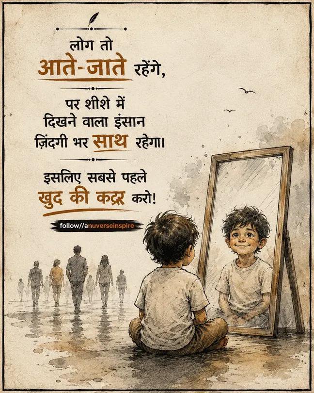 Alonelife_143's tweet photo. "दुनिया बदलती रहती है...आईना कभी पक्ष नहीं बदलता

लोगों के पीछे भागते-भागते उम्र निकल जाती है,
और खुद से मिलने की फुर्सत कभी नहीं मिलती।

जो स्वयं को पहचान गया,उसे दुनिया की भीड़ प्रभावित नहीं कर सकती

 #LifeTruth #RealityCheck #SelfWorth #SelfRespect #MirrorOfLife #Motivation https://t.co/cbr55sunPR