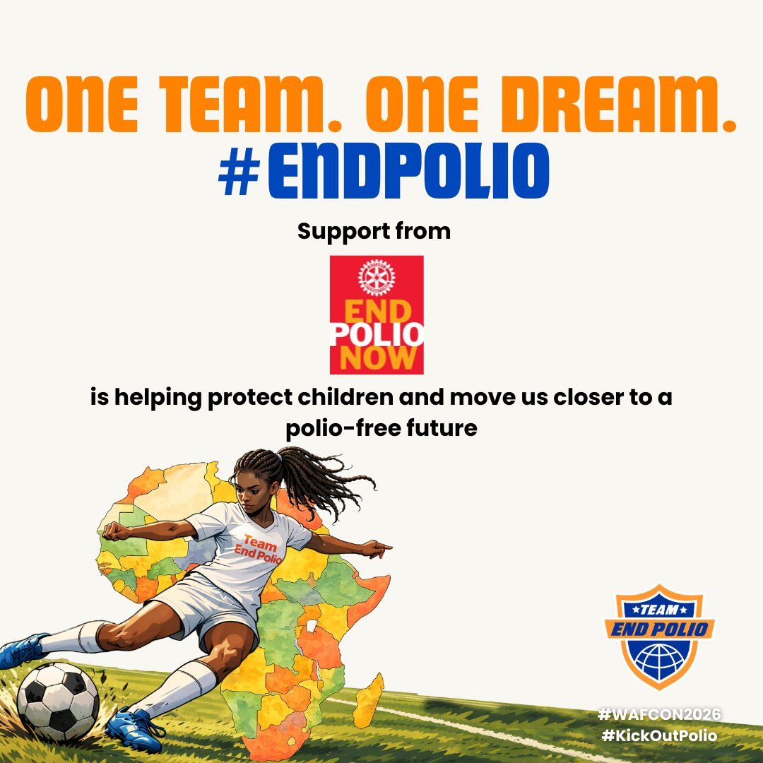 UNICEFPolioDir's tweet photo. Thank you @Rotary for your continued leadership in the fight to end polio and your commitment to gender equality. When we work as one team, we can achieve big goals. Together, we #KickOutPolio.
#WAFCON https://t.co/6UlflM6gGi