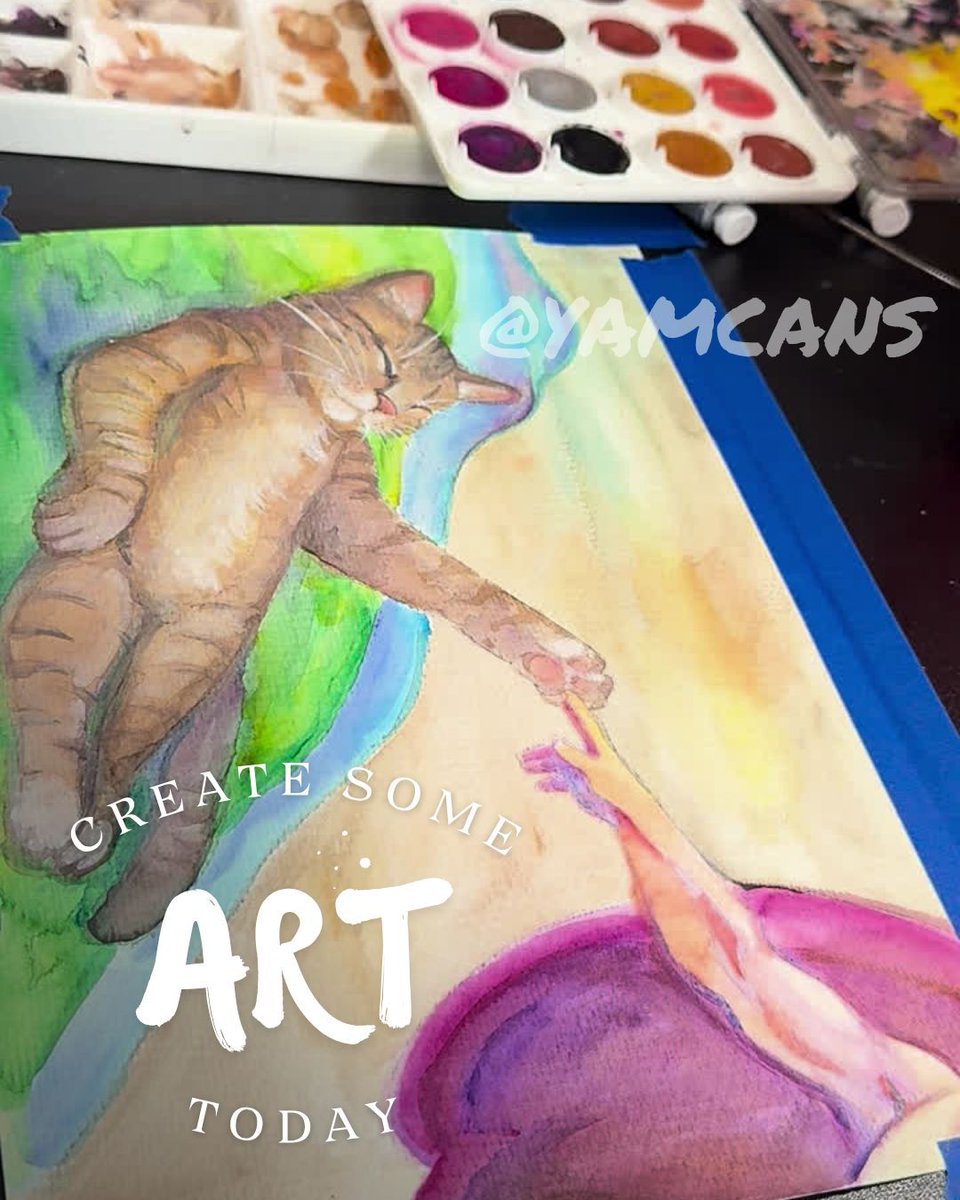 Yamcans's tweet photo. Got a project you're scared to start?  START IT.  Accept that the process will, in fact, be messy. 🐾 (trying to finish something using *only* watercolors!) 🎨  #partoftheprocess #watercolorart #internationalcatday https://t.co/5Hfptj5saa