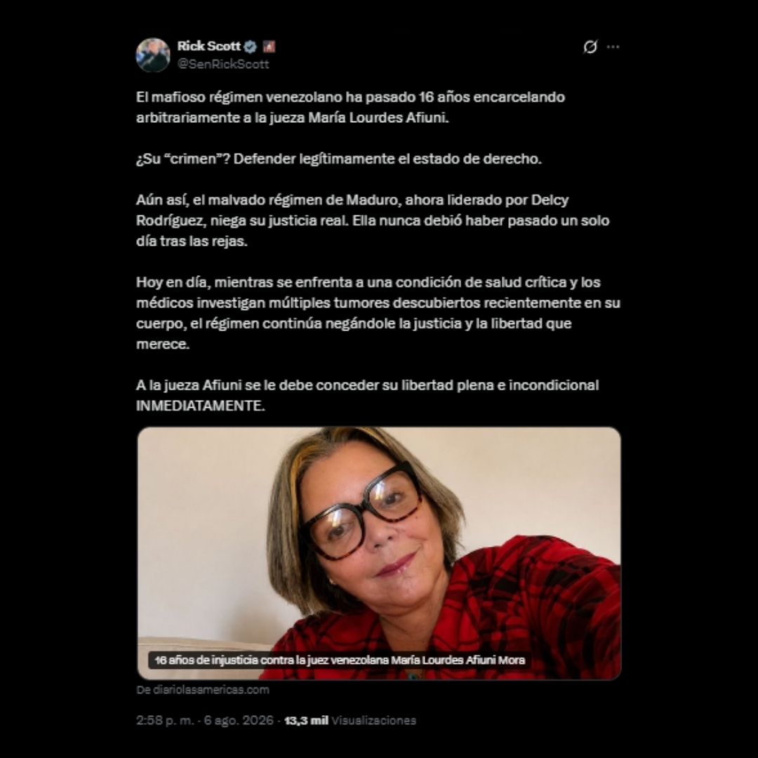 Norbey_Marin_'s tweet photo. Caso Afiuni | #7A

Tras presentar un cuadro clínico urgente caracterizado por mareos, vómitos e hipertensión, la jueza venezolana María Lourdes Afiuni fue trasladada a un centro médico donde tomografías con contraste ordenadas por oncología detectaron la presencia de tres lesiones tumorales que requieren atención inmediata. 

A través de un comunicado, su hermano Nelson Afiuni y su abogada Thelma Fernández denunciaron que su estado actual es consecuencia de más de 16 años de persecución, encarcelamiento injusto y falta de atención médica oportuna, por lo que exigieron el cese definitivo de las restricciones penales para que pueda recibir tratamiento especializado en Estados Unidos y reunirse con su hija; reclamo al que también se sumaron figuras internacionales como el senador estadounidense Rick Scott, solicitando su liberación inmediata e incondicional.