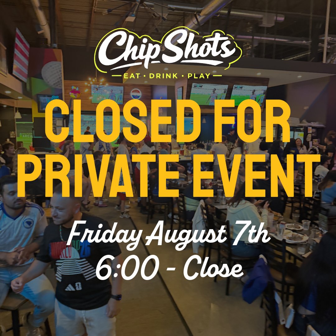 ChipShotsMN's tweet photo. Looks like the office is taking a field trip… ⛳🍻

Chip Shots will be closed tonight (8/7) from 6:00 PM until close as we host a private corporate event. Don’t worry—we’ll be back tomorrow serving up golf, cold beer, hot pizzas, and all the good times.

Thinking your crew deserves a night like this? We can make it happen. From team outings and client appreciation events to birthdays and celebrations, we’ll customize everything to fit your group.

🏌️ Private simulator fun
🍕 Amazing food & drinks
🎉 Custom packages for any occasion

Book your next event here: https://t.co/9i7Z2koFFR
