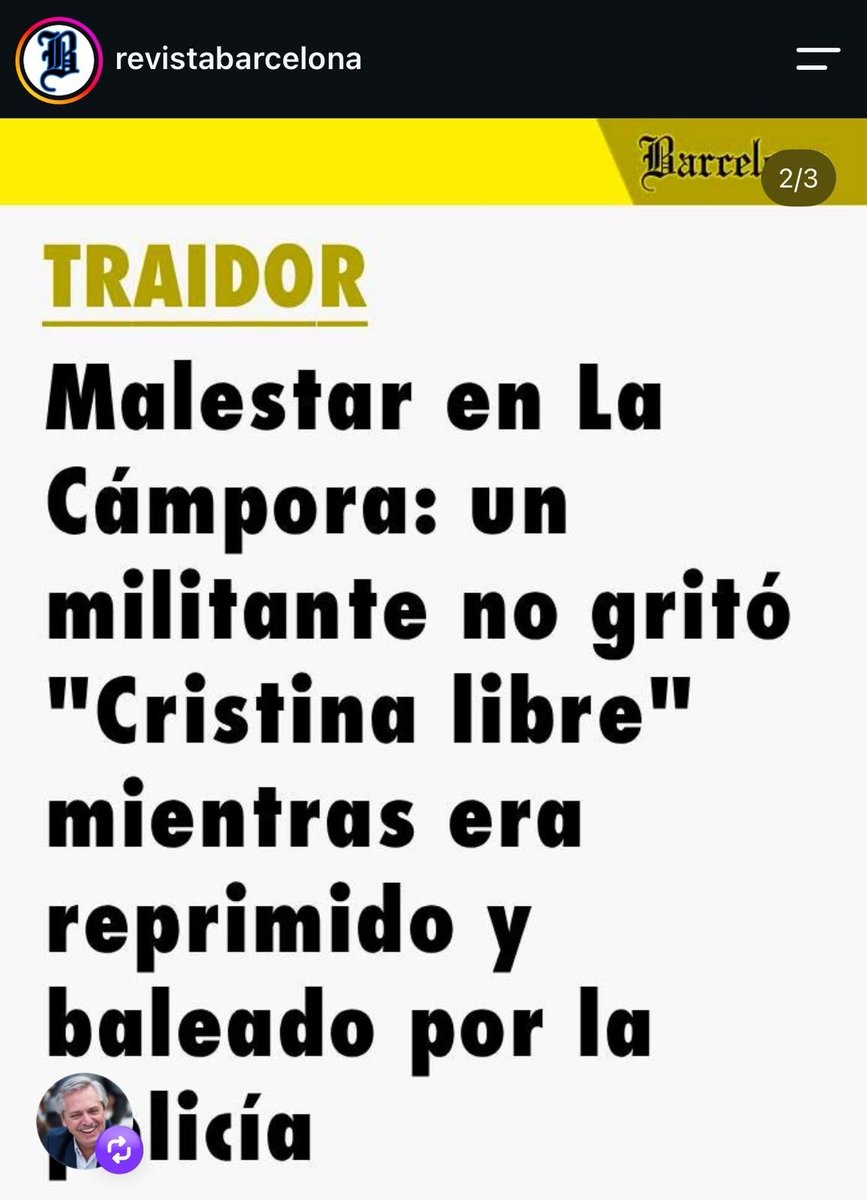 elcancillercom's tweet photo. [POLÍTICA] En Instagram, Alberto Fernández reposteó dos publicaciones de la Revista Barcelona con chicanas hacia La Cámpora. https://t.co/Wv86aylW3d