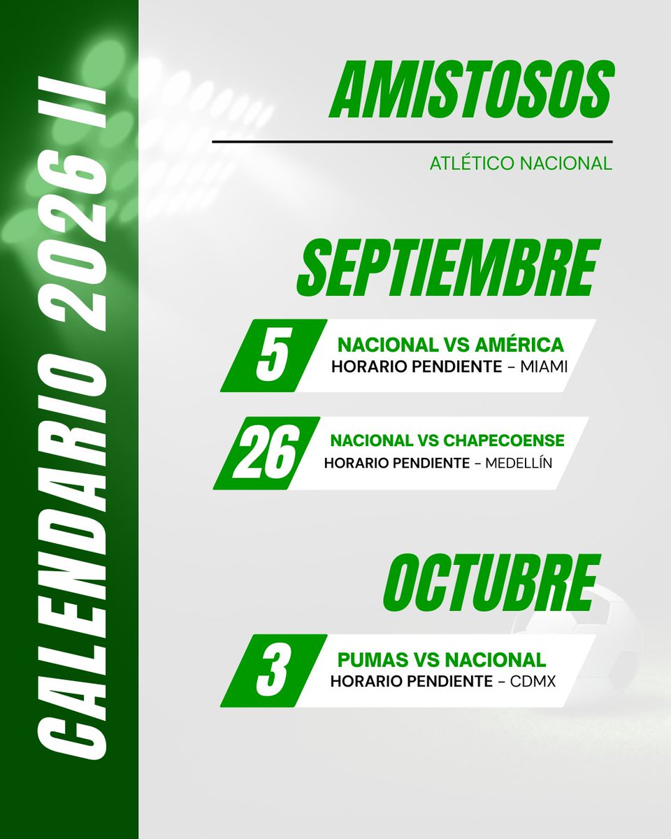 juandl84's tweet photo. Próximos amistosos de Atlético Nacional:

Pronto debe confirmarse el amistoso ante América de Cali en el Chase Stadium de Fort Lauderdale.

Ante Chapecoense se conmemorarán los 10 años del accidente aéreo.

Por confirmar el amistoso ante Pumas UNAM en Ciudad de México. https://t.co/dpjZs298Jc