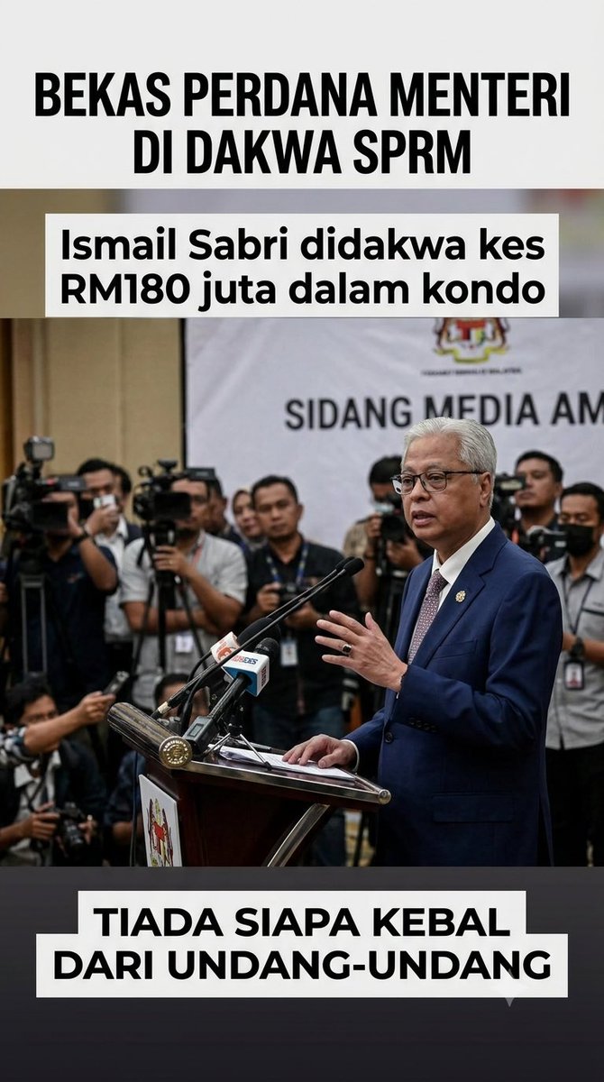 AbdulAf64458852's tweet photo. Bekas Perdana Menteri, Ismail Sabri, didakwa SPRM berhubung kes RM180 juta dalam kondo.
Mesejnya jelas: TIADA SIAPA KEBAL DARI UNDANG-UNDANG. ⚖️
#SPRM #IsmailSabri #BeritaMalaysia #Rasuah https://t.co/JsWzJOItNi
