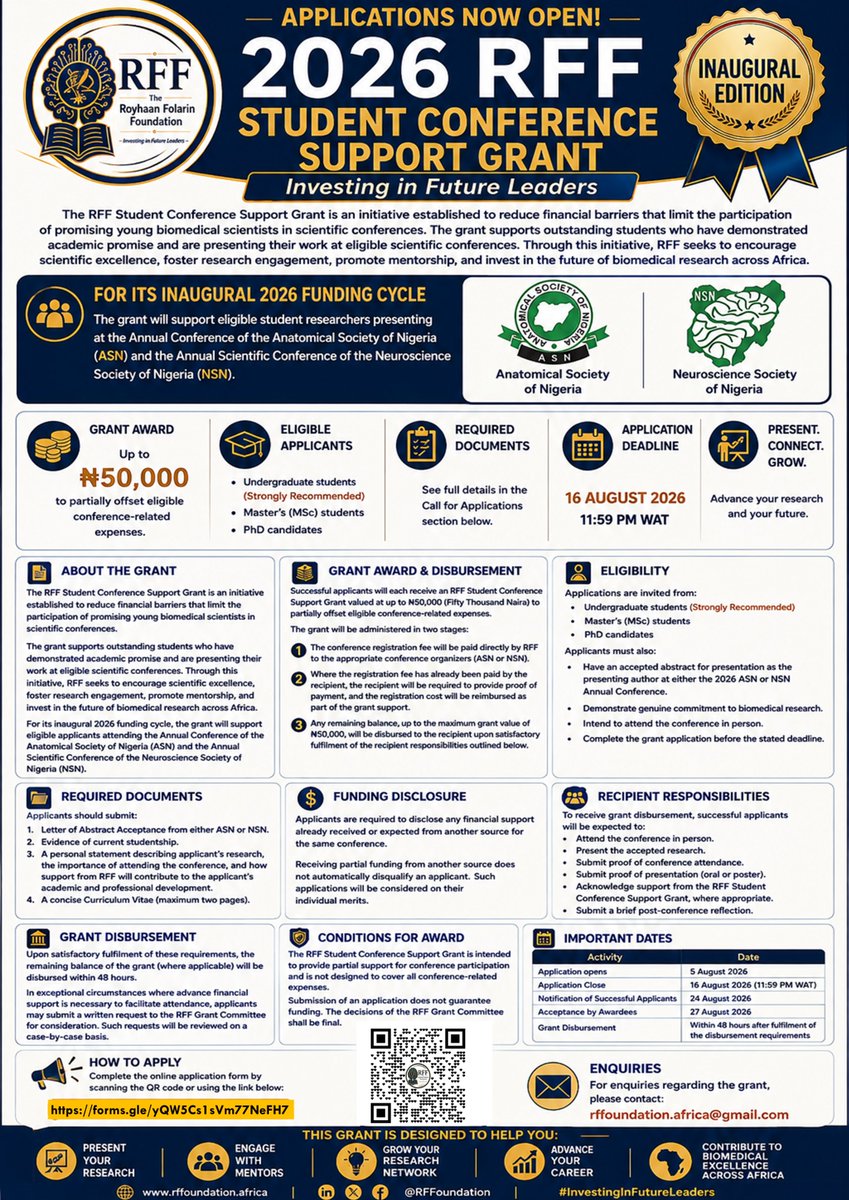 RFFoundatin's tweet photo. 🧠 Announcing the RFF Student Conference Support Grant — our inaugural initiative to keep financial barriers from silencing promising young Biomedical Scientist in Nigeria
Tag a student researcher who needs to see this 👇 https://t.co/ZOPYSPFyH7