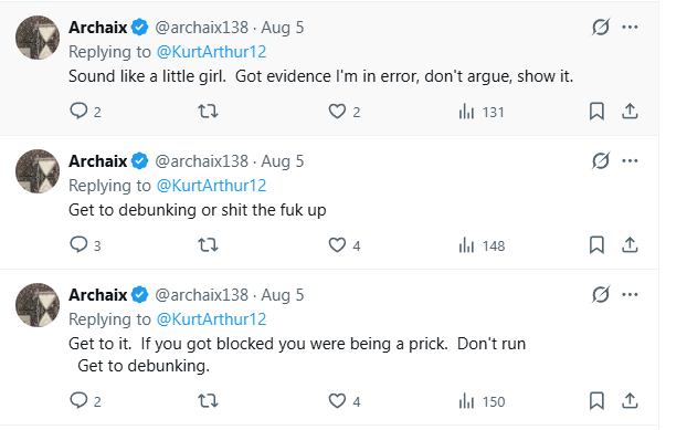 KurtArthur12's tweet photo. @FringeViews archaix couldn't handle someone saying jesuit programming to him...he blocked me on youtube...

then, says horrible things which i responded to...

he just blocks me on x. he's a horrible human being. https://t.co/M9aOo5gfUb