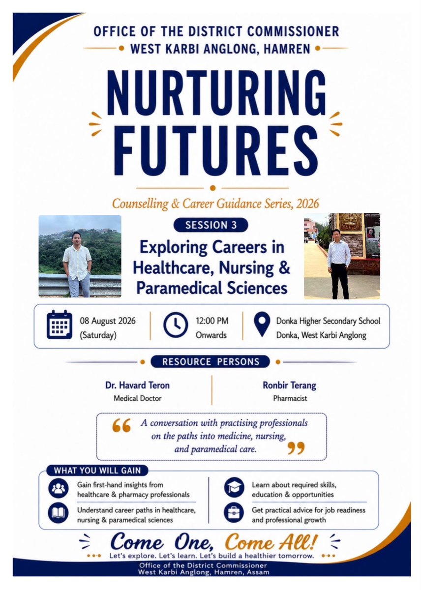 dcwestk_anglong's tweet photo. Nurturing Futures | Session 3

Explore careers in Healthcare, Nursing &amp; Paramedical Sciences with experienced professionals.

08 Aug | 12 PM onwards | Donka H.S. School, Donka

Join us and take the first step towards your future!

#NurturingFutures #CareerGuidance https://t.co/jV7nC0GfeC