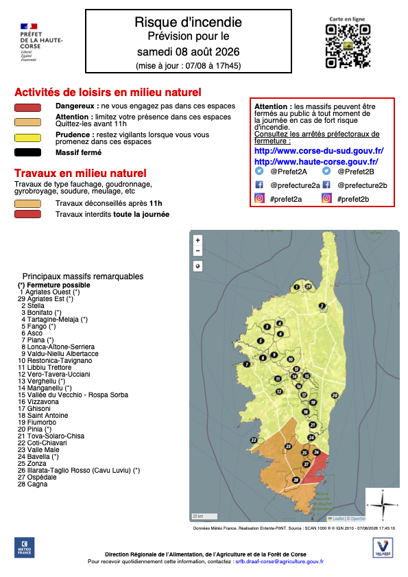 Image de Préfet de Corse préfet de Corse-du-Sud - 𝗥𝗜𝗦𝗤𝗨𝗘 𝗜𝗡𝗖𝗘𝗡𝗗𝗜𝗘 𝗘́𝗟𝗘𝗩𝗘́
Chaque soir à 18h, la carte du risque incendie en Corse e