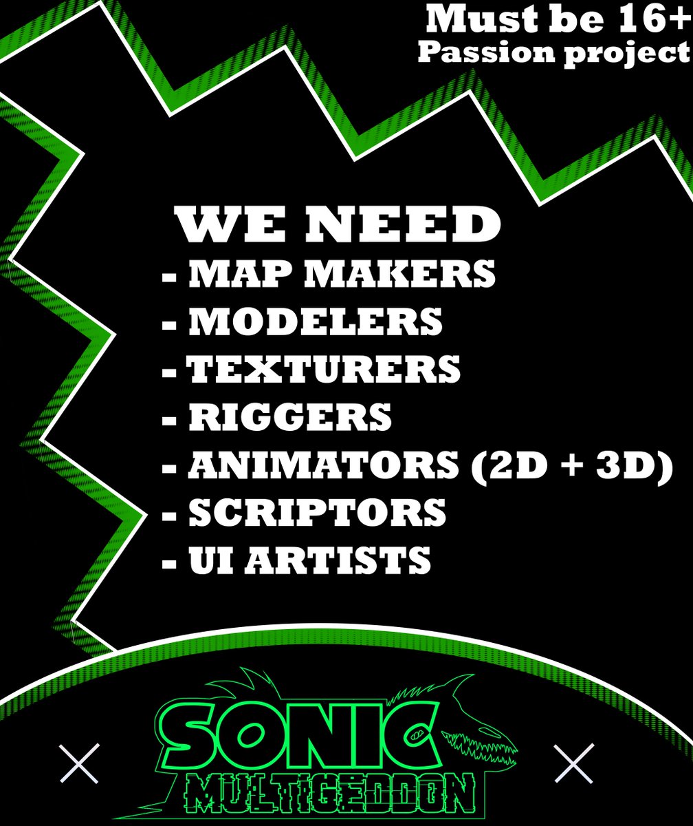 SonicMultigedon's tweet photo. Here are the positions we are looking for!
(Please note that this is a passion project so you will not be paid, and you must be over 16.)
To apply, fill out this form: https://t.co/OVekwbSY4O
(We are NOT looking for Testers or Voice Actors.)
#sonic #sonicmultigeddon #sonicexe https://t.co/37nFZIBDAW