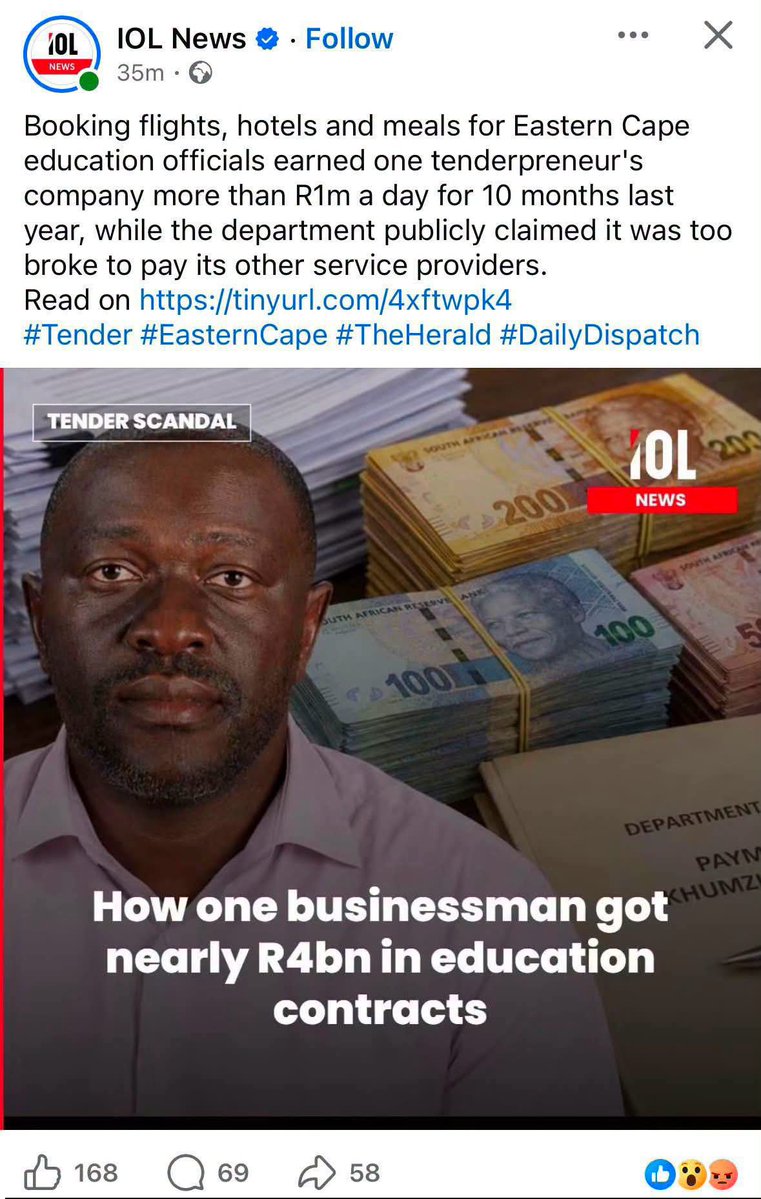 LeratoPillayZA's tweet photo. This makes Cat Matlala an angel 👇
The image is from today's IOL investigation into Sakie Sakhumzi Magele, sole director of Khumzi Investments. His firm landed nearly R4bn in Eastern Cape education contracts over five years—mostly R3.4bn for travel, hotels and meals. In 2025 alone it received R336m across 1,317 payments (over R1m a day for 10 months) while the department said it was too broke to pay other providers. A 4:11am email rushed R18.5m to clear his account. Magele recently acquired the Herald and Daily Dispatch. No formal probes yet.