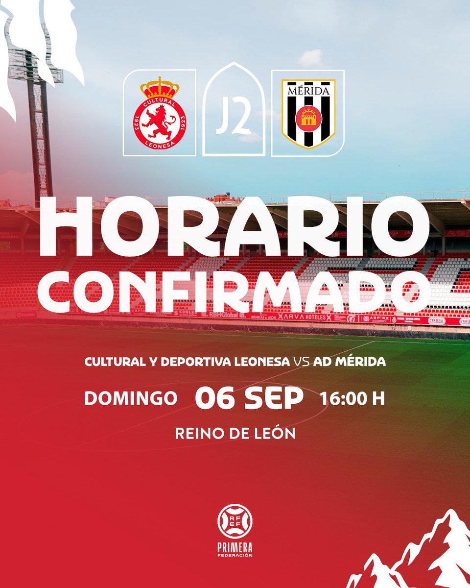 CyDLeonesa's tweet photo. 📆 𝗛𝗢𝗥𝗔𝗥𝗜𝗢 𝗖𝗢𝗡𝗙𝗜𝗥𝗠𝗔𝗗𝗢

Ya tenemos fecha para el estreno en casa de esta temporada: 

🆚 @Merida_AD 
🏟️ Reino de León 
🗓️ Domingo 6 de septiembre 
🕓 16:00 horas

#AúpaCultu | #ParteDeMí https://t.co/rRt40i3yhk