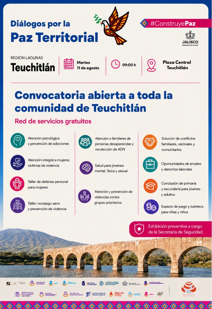 DIFJalisco's tweet photo. 🕊️ Te invitamos a participar en los Diálogos por la Paz Territorial, espacios de encuentro y atención donde podrás acceder a diversos servicios gratuitos para ti y tu familia.

📍 Consulta las sedes y acércate.

#CosntruyePaz #JuntosPorJalisco https://t.co/C3RYtf6MvH