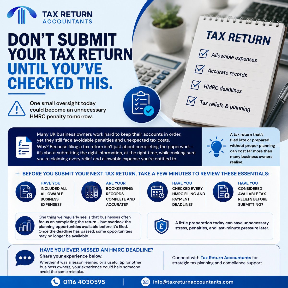 Taxreturnacc's tweet photo. Don't submit your tax return until you've checked this.

0116 4030595 | [info@taxreturnaccountants.com]

#UKTax #HMRC #TaxReturn #CorporationTax #SelfAssessment #SmallBusinessUK #TaxPlanning #BusinessOwners #Accounting #TaxReturnAccountants https://t.co/QSKg7Vld2U