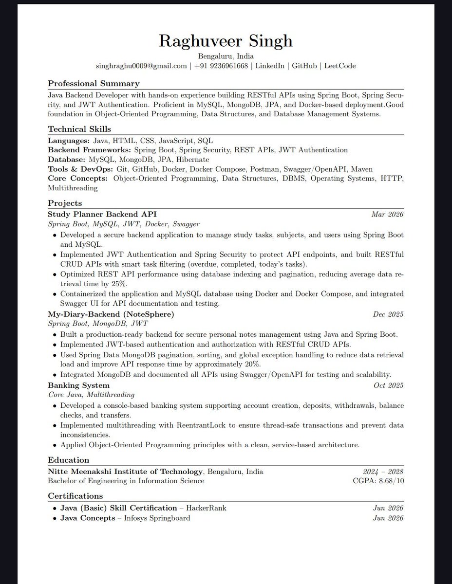 veertwt's tweet photo. I'm a 3rd-year Information Science student passionate about backend development, with hands-on experience in Java, Spring Boot, Spring Security, JWT, REST APIs, MySQL, MongoDB, and Docker 
I've built multiple projects ,if you are hiring let me know
#OpenToWork #Java #SpringBoot https://t.co/ZeGekNAiMU