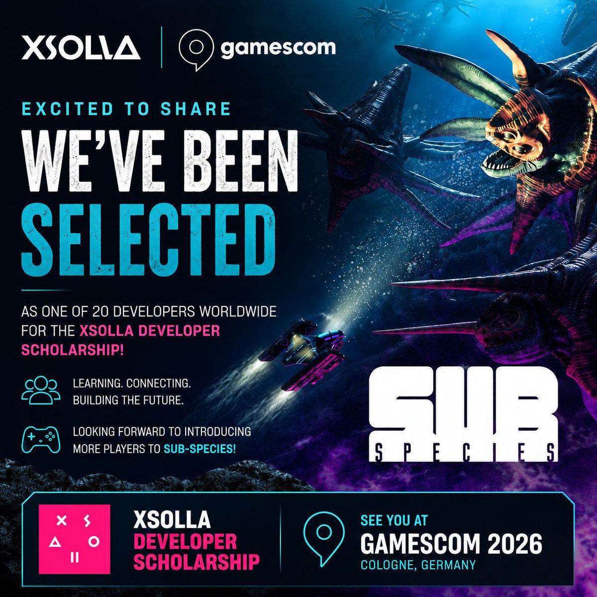 howling_hamster's tweet photo. Some exciting news!
We’ve been selected as one of just 20 developers worldwide for the @Xsolla Developer Scholarship at gamescom 2026!
Massive thanks to @Xsolla for the opportunity.
See you in Cologne!
#gamescom2026 #IndieDev #SubSpecies https://t.co/kJGtLgsOsk