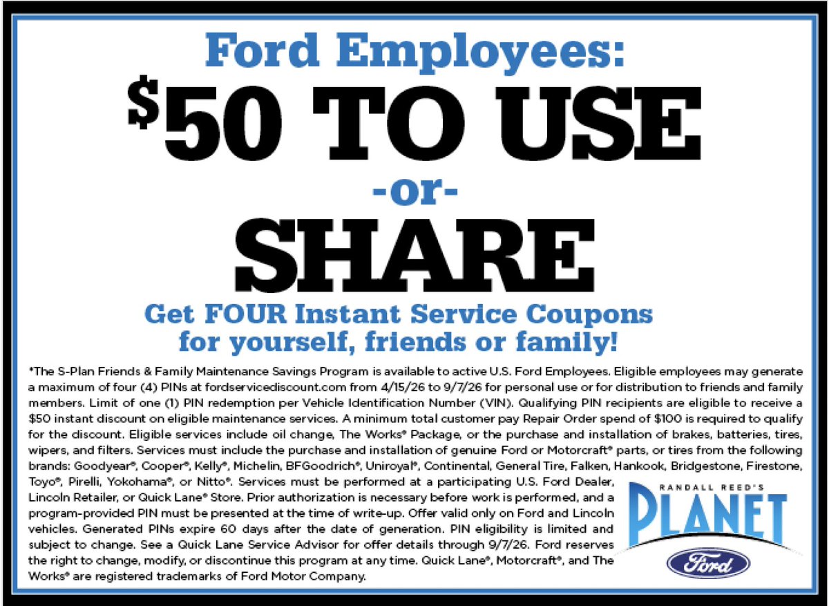 PlanetFord45's tweet photo. 👫 Friends &amp; Family of #FordEmployees... We have a BONUS for you! 🚗🔧Take advantage of #Ford's #FriendsAndFamily #ServiceSpecial &amp; $ave. From #maintenance, #brakes to #batteries, #tires, our techs help keep your vehicle running right! #Schedule @ https://t.co/SC80HD5rhW https://t.co/oQt9ijMjFj