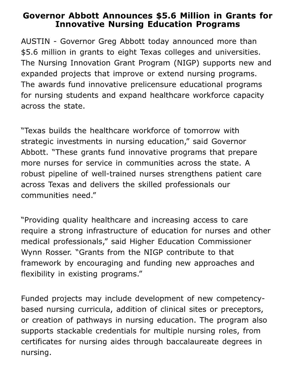 GovAbbottPress's tweet photo. Governor Abbott today announced more than $5.6 million in grants to eight Texas colleges and universities through the Nursing Innovation Grant Program. 

The grants support innovative nursing education programs and expand healthcare workforce capacity across Texas. https://t.co/VWg9zkH4lT